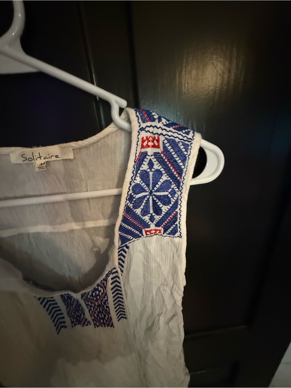 Solitaire White Sleeveless Tank with Blue Embroidered Yoke - Picture 3 of 5